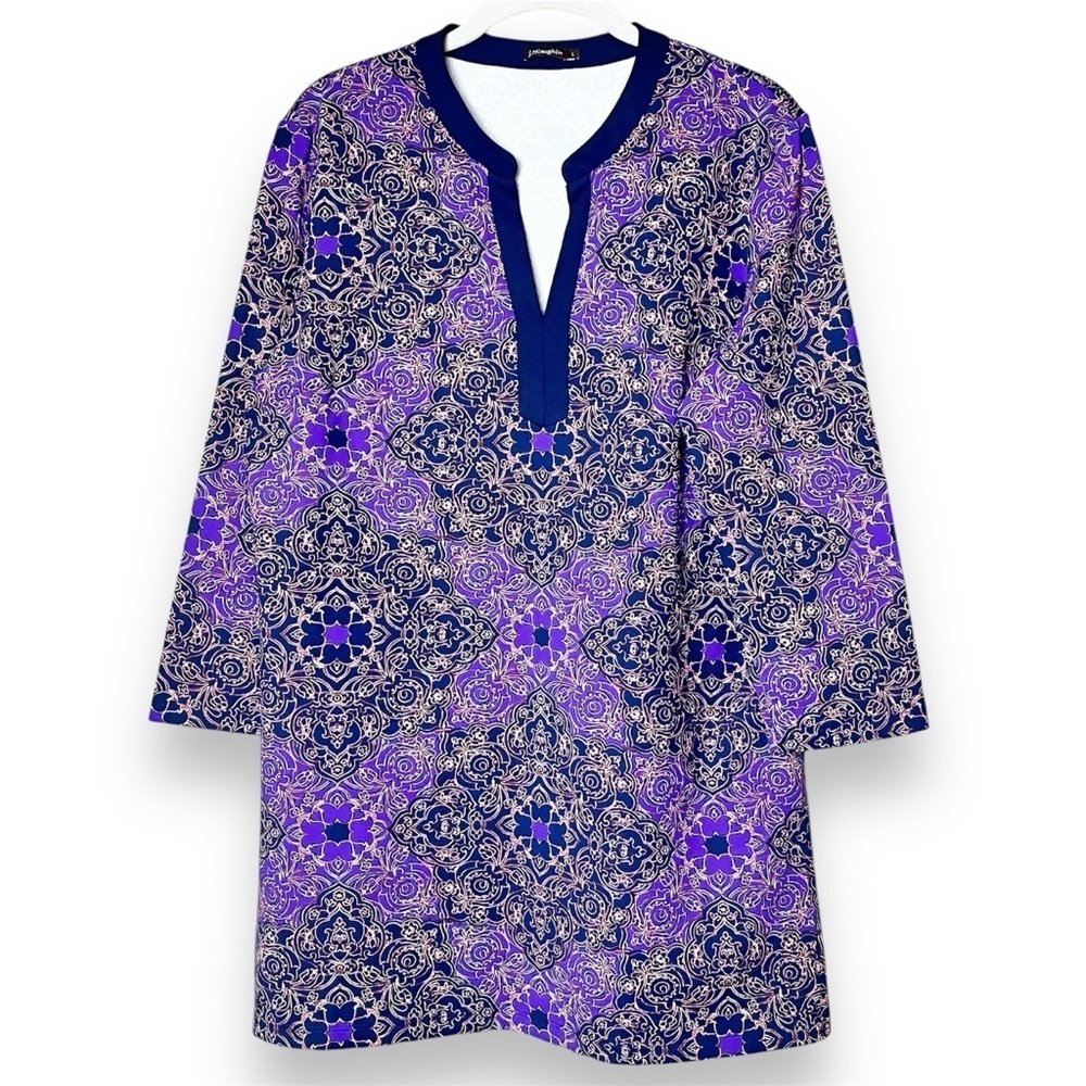 J. McLaughlin Catalina Cloth Notch Neck Tunic Top Large purple‎ stretch knit